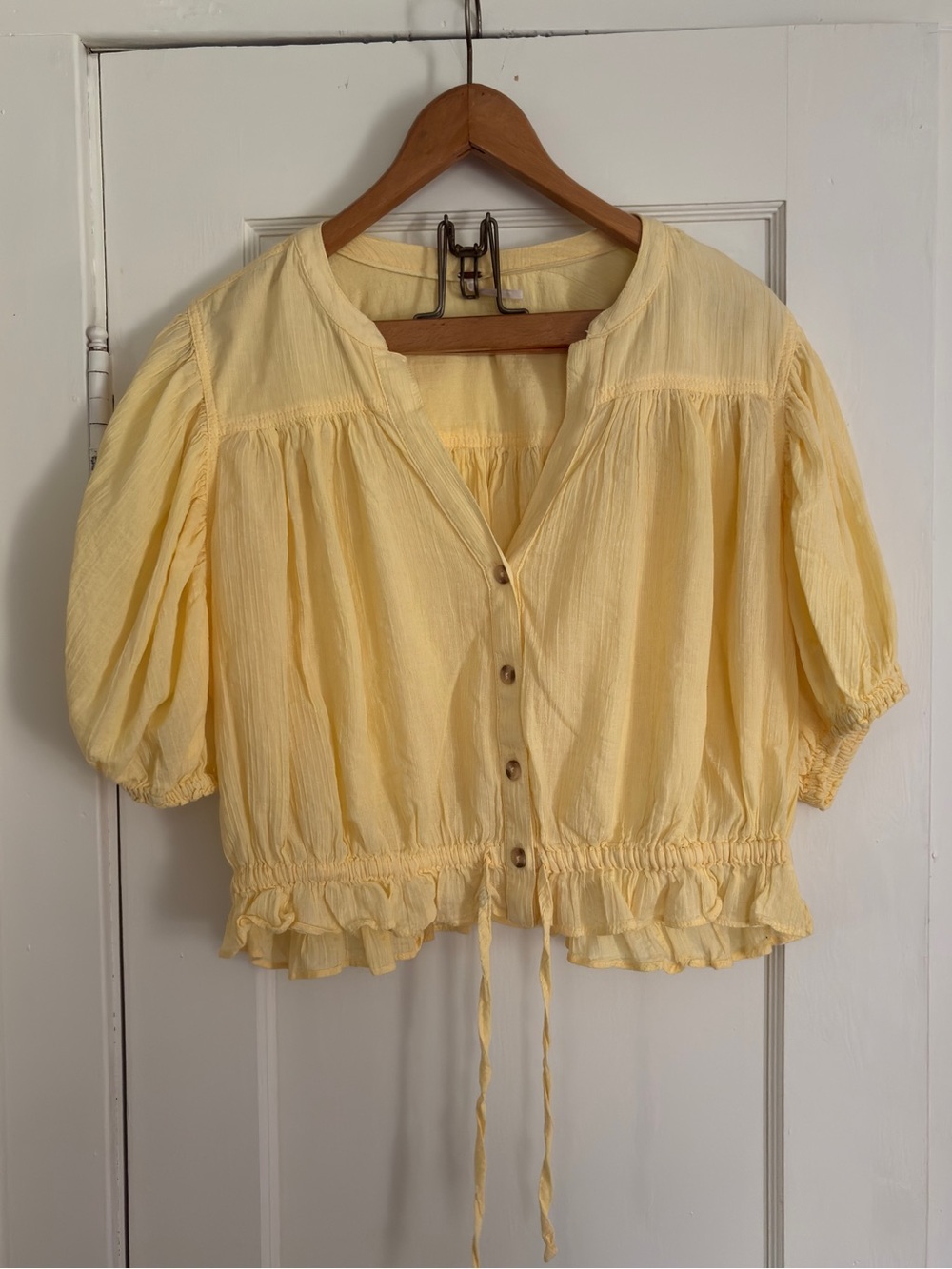 Free People Light Yellow Button-Front Puff Sleeve Peasant Top
